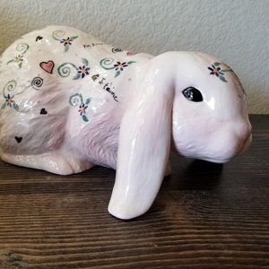 Easter Bunny Rabbit Pink Floral Handmade Ceramic 9" long 4-1/2"tall